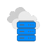 Computer server rack in front of two clouds